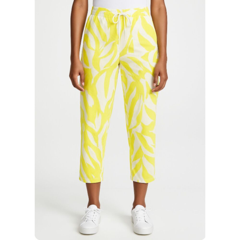 DKNY Women’s Large Linen Blend Shorts Yellow White Abstract Drawstring Casual